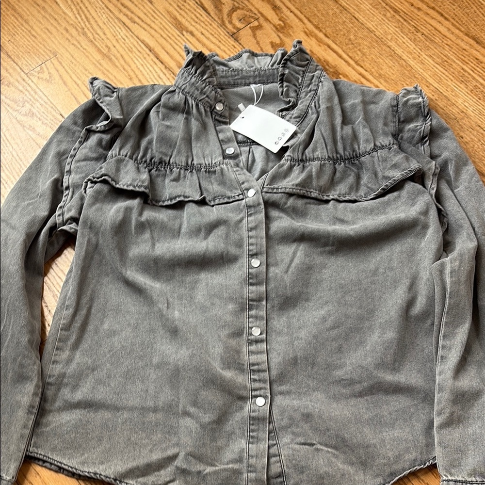 Gray Ruffled Button-Up Shirt
